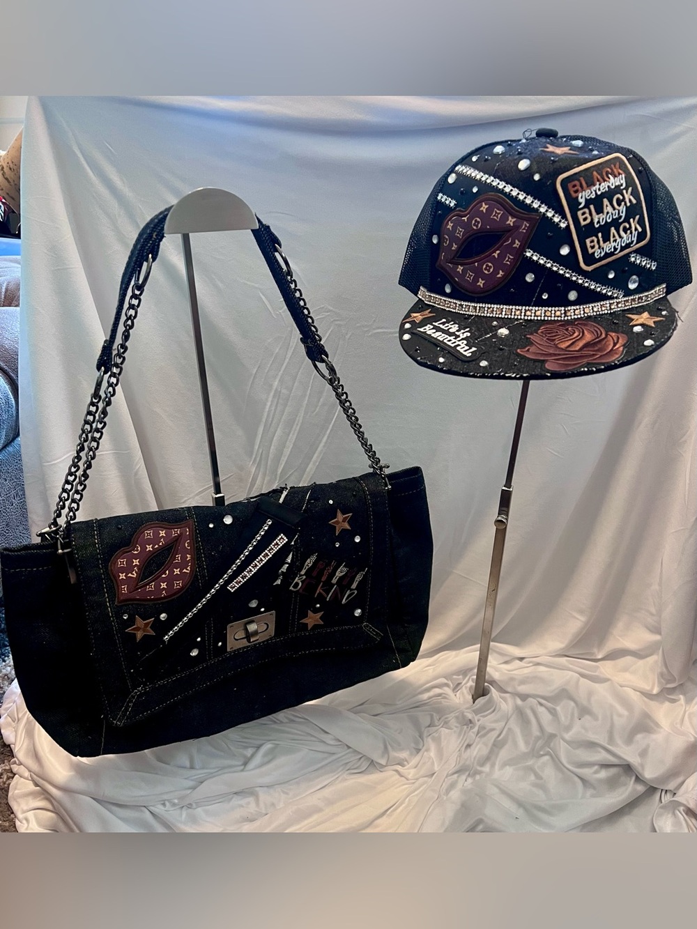 Custom made Embellished Black Denim Bag and Matching Cap Set